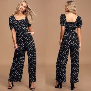 Lulus Modern Elegance Black Floral Print Puff Sleeve Wide-Leg Jumpsuit
